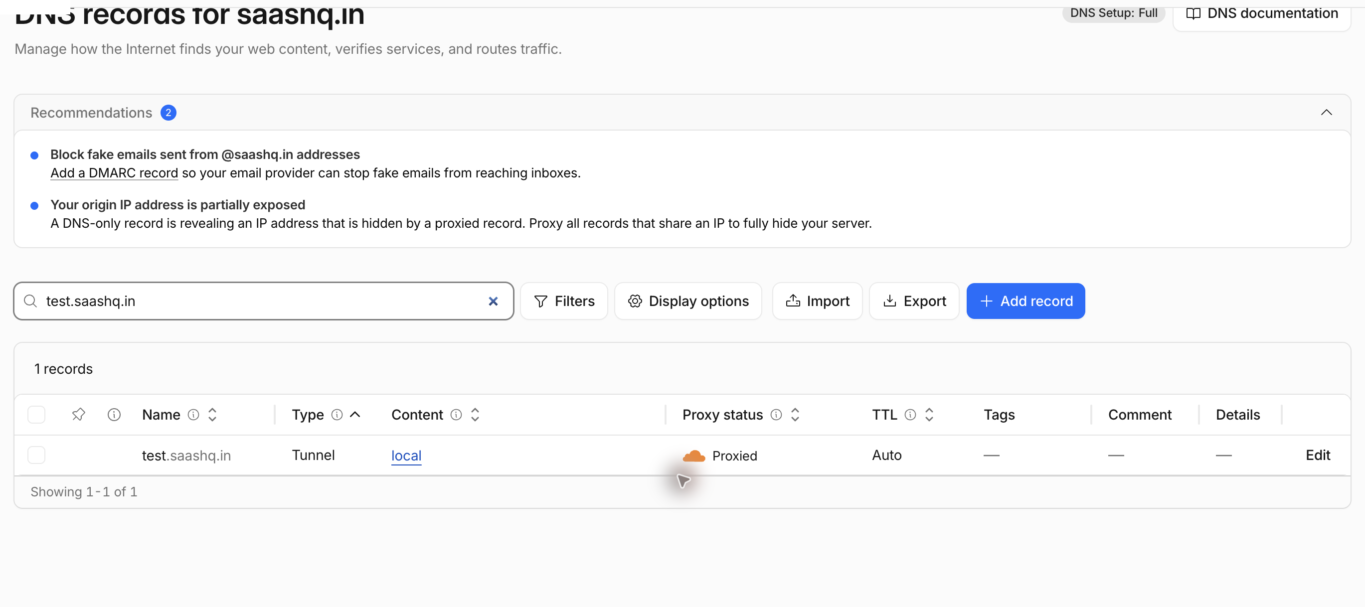 Cloudflare DNS record for the tunnel