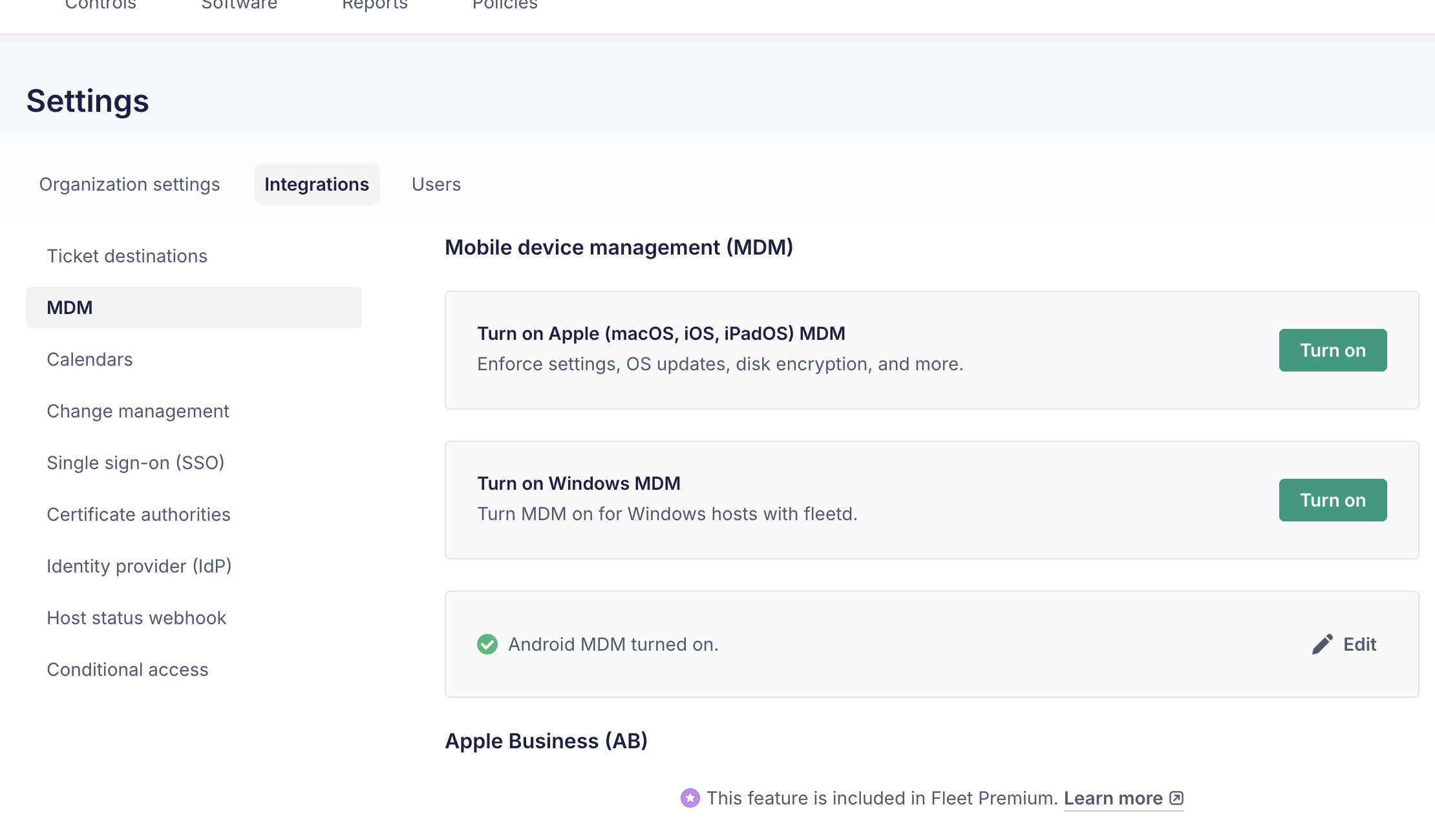 Fleet MDM integrations page
