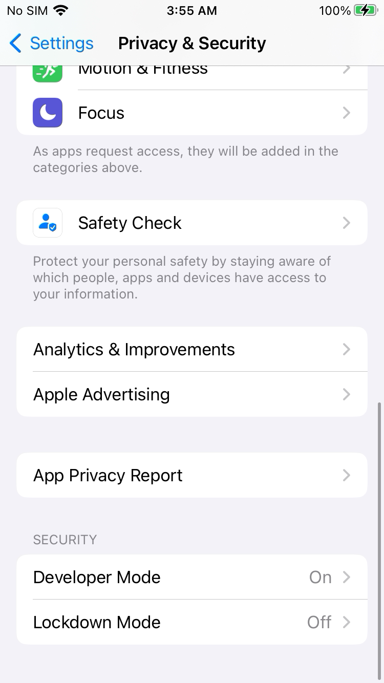 iPhone Privacy & Security Developer Mode row