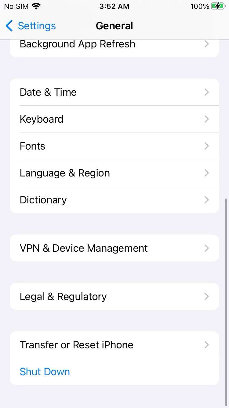 iPhone General VPN and Device Management row