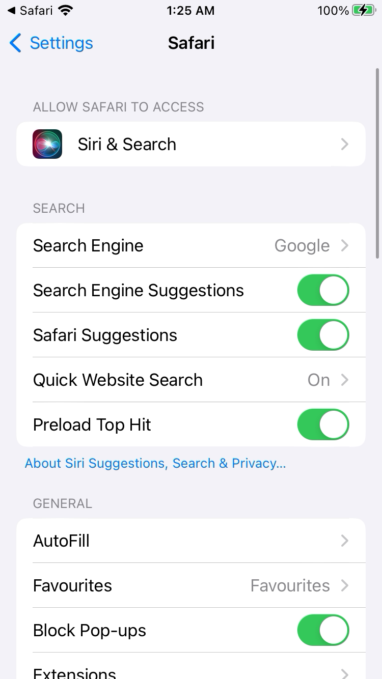 iPhone Safari settings screen