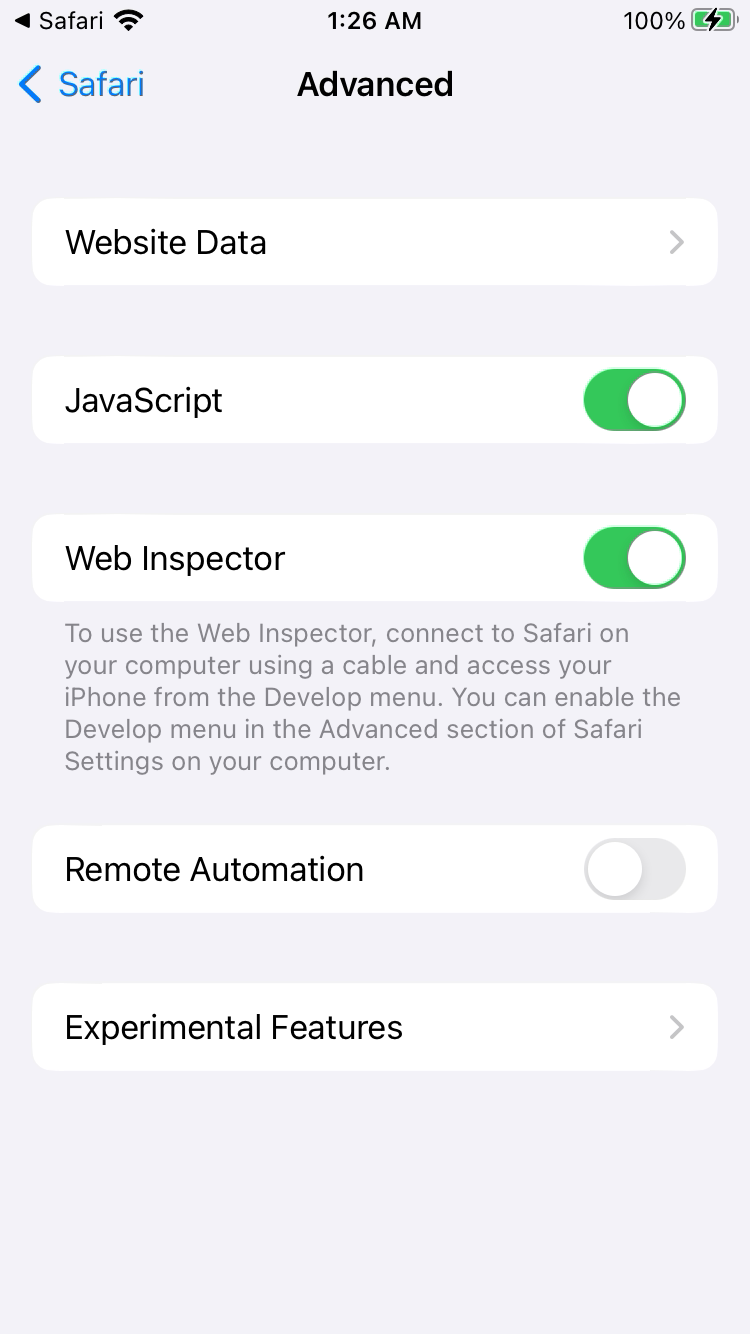 iPhone Safari Web Inspector enabled