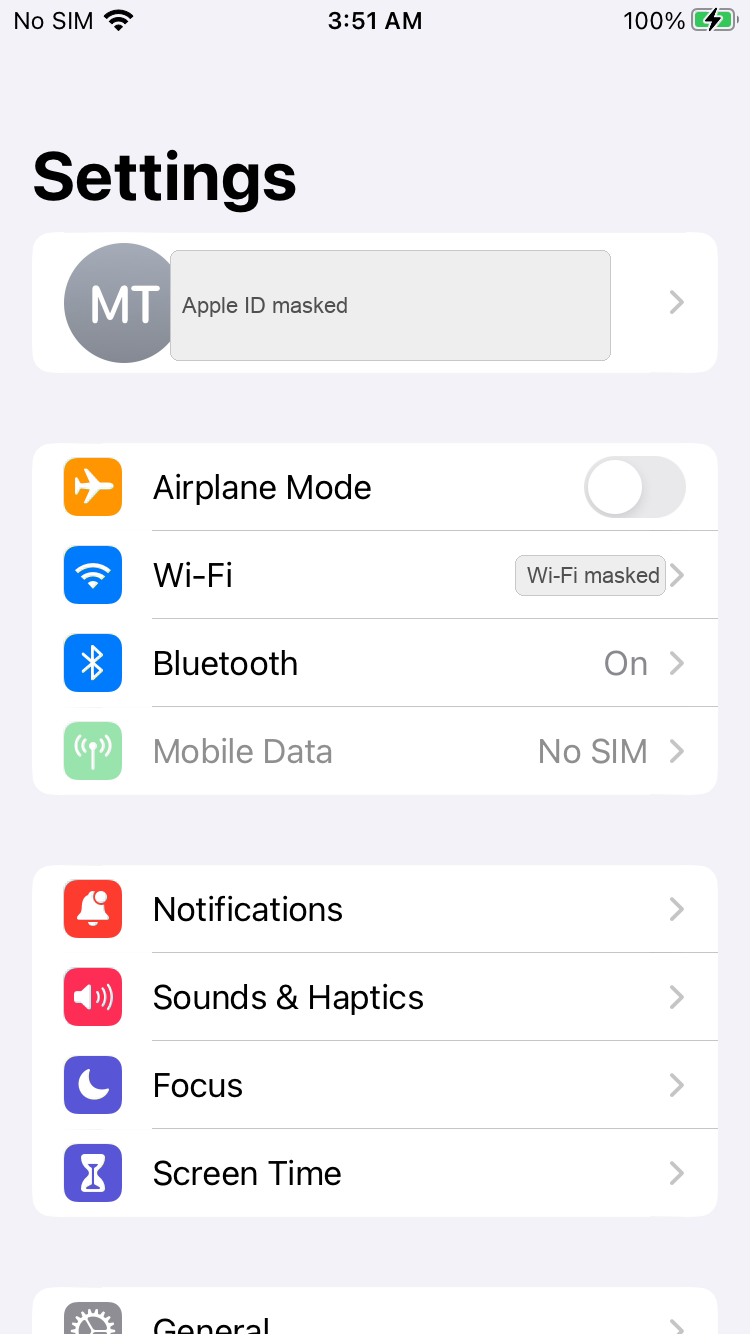 iPhone Settings root screen
