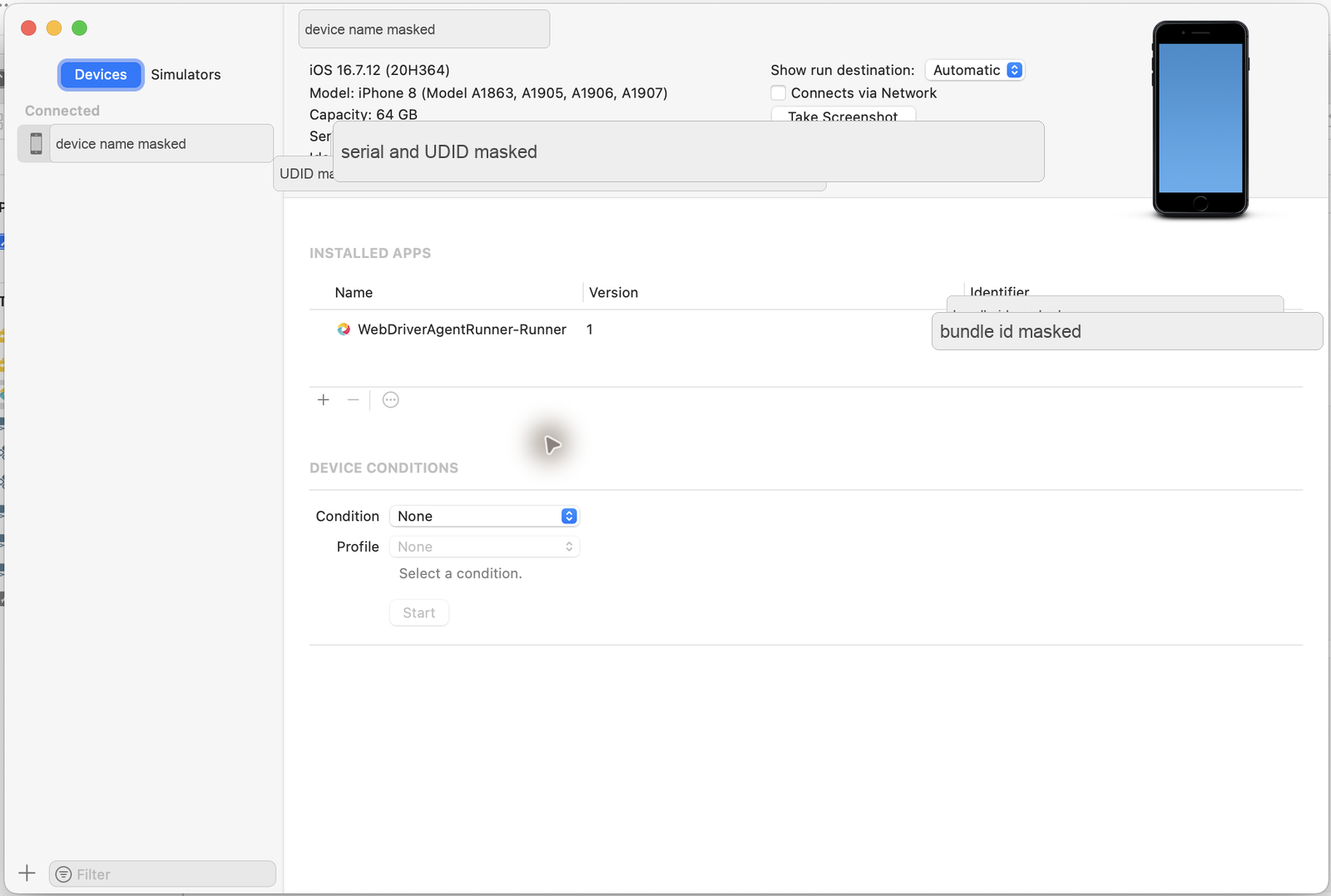 Xcode Devices window showing a connected iPhone and WebDriverAgentRunner