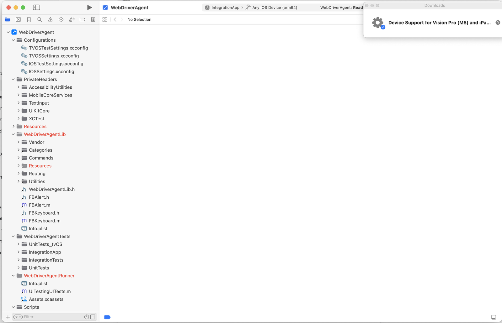 WebDriverAgent project open in Xcode