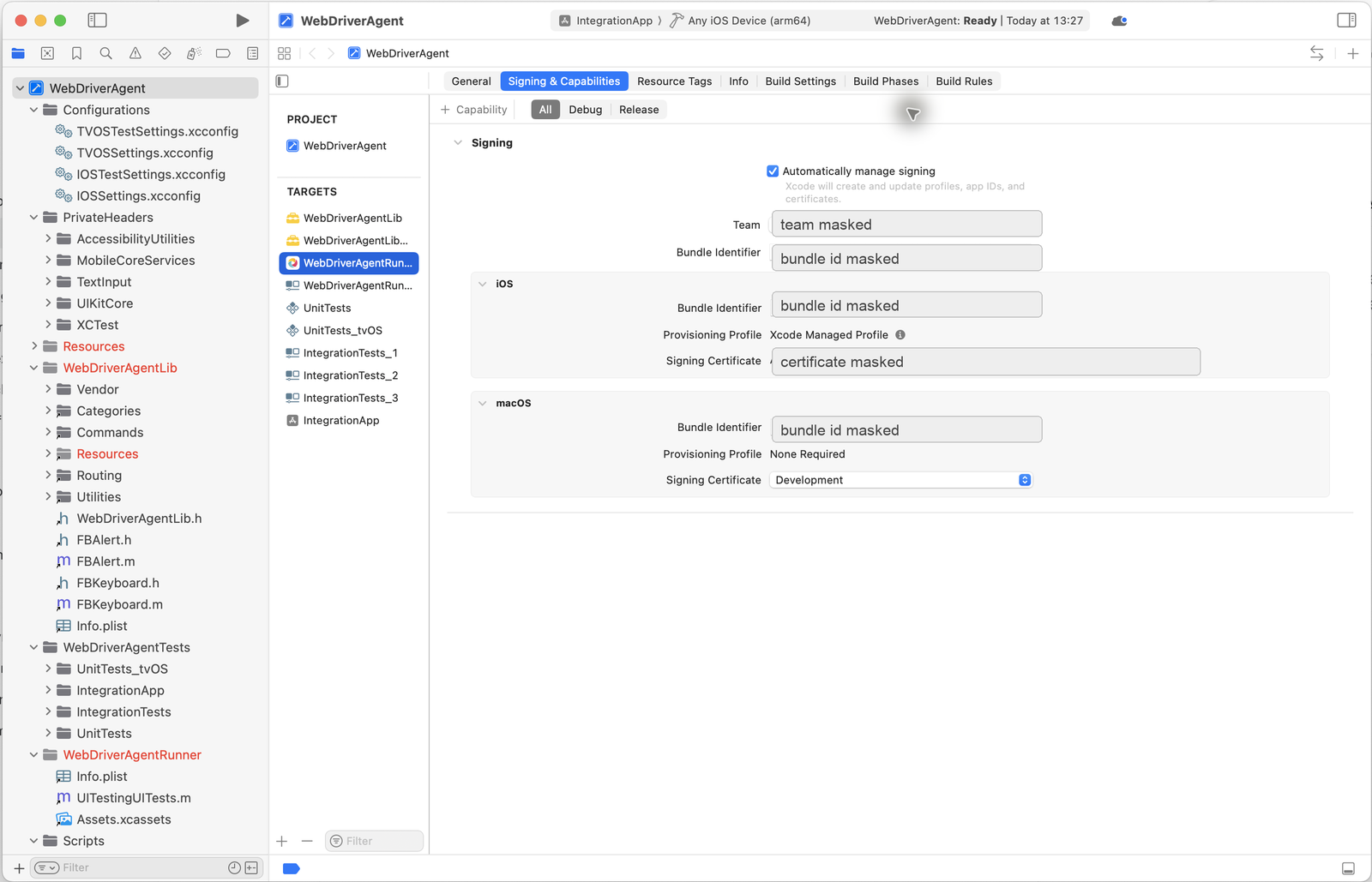 WebDriverAgentRunner selected with Signing and Capabilities configured