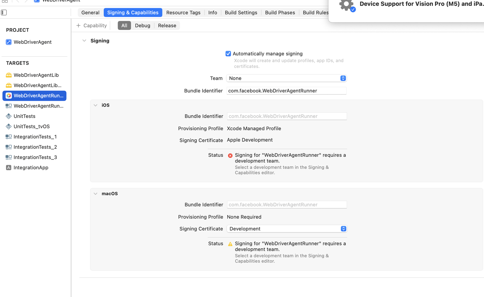 WebDriverAgentRunner Signing and Capabilities screen