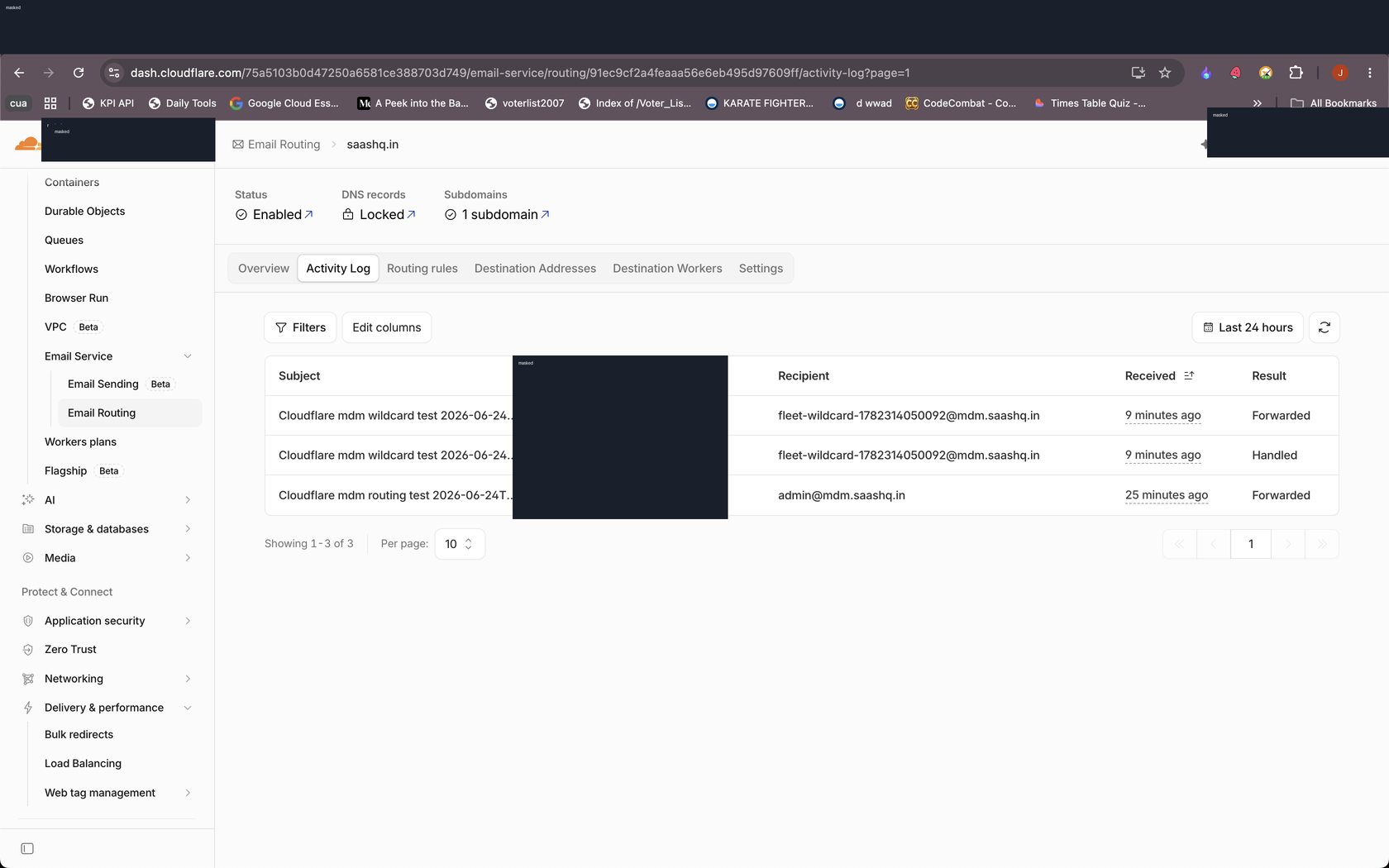 Activity Log showing wildcard test handled and forwarded