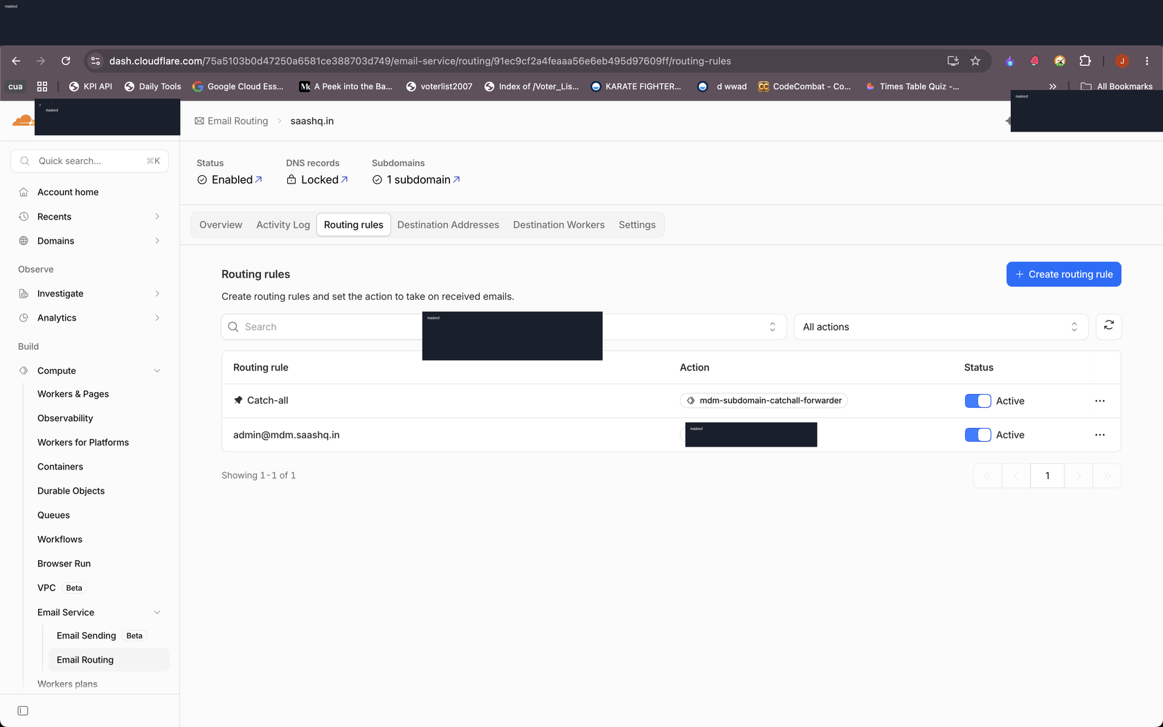 Routing rules showing catch-all worker and admin route