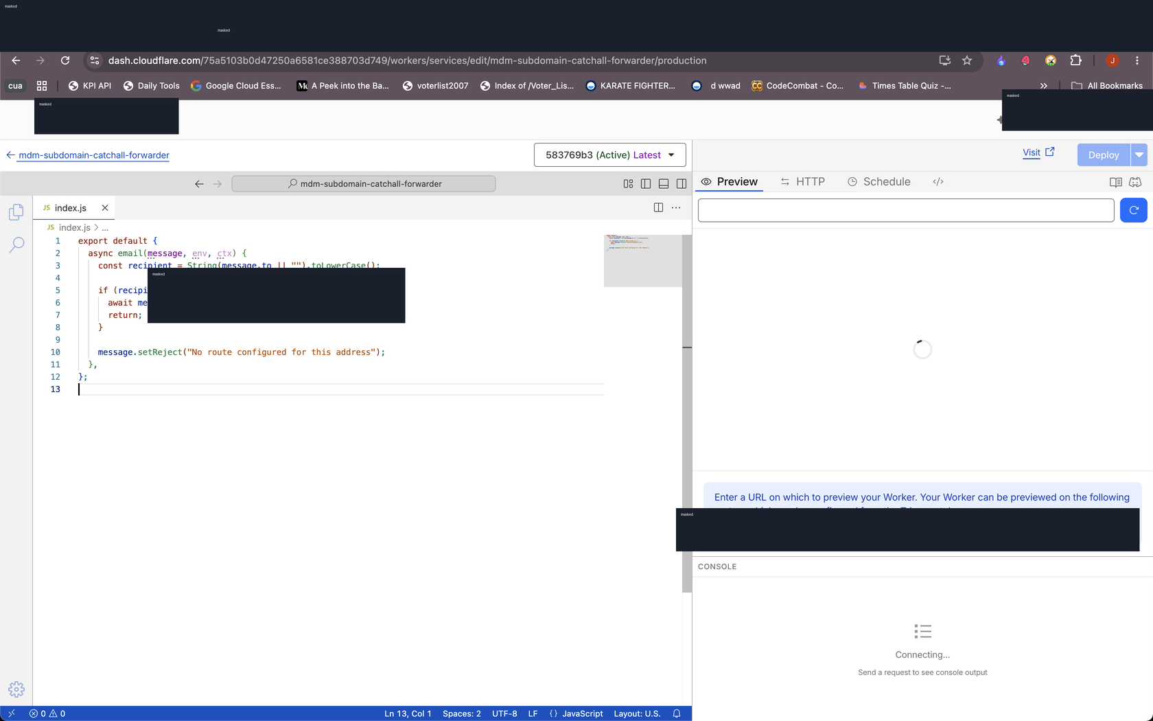 Email Worker editor with destination masked